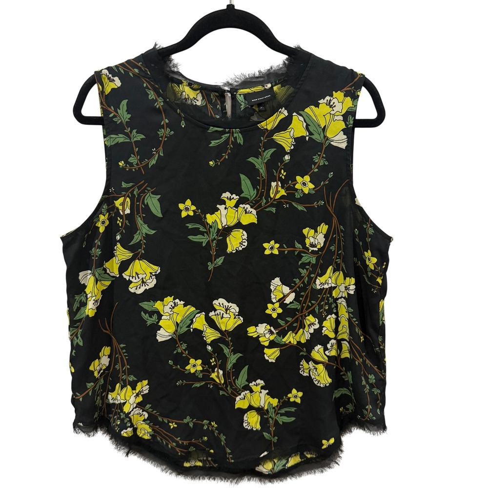 Who What Wear Womens XL Black Yellow Floral Sleeveless Fringe Trim Blouse Top